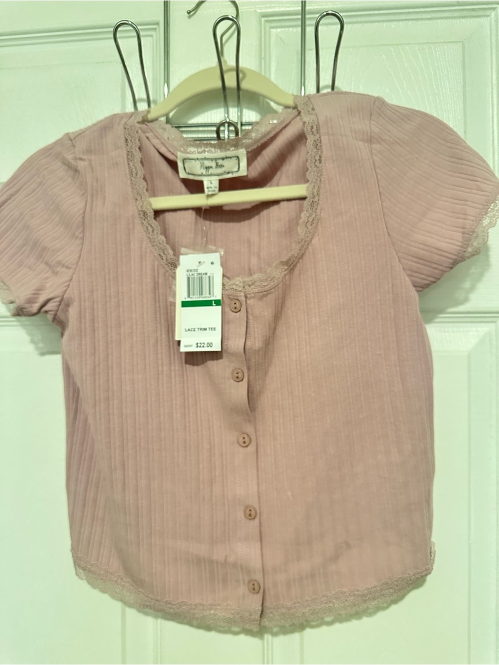 Hippie Rose Pink Ribbed Lace-Trim Button Front Top